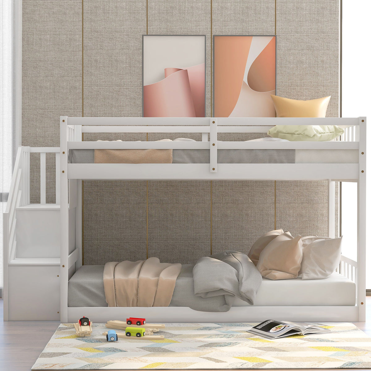 Twin over twin floor bunk bed with storage ladder in white finish by HouseOfZazla on Tampa Home & Garden Store