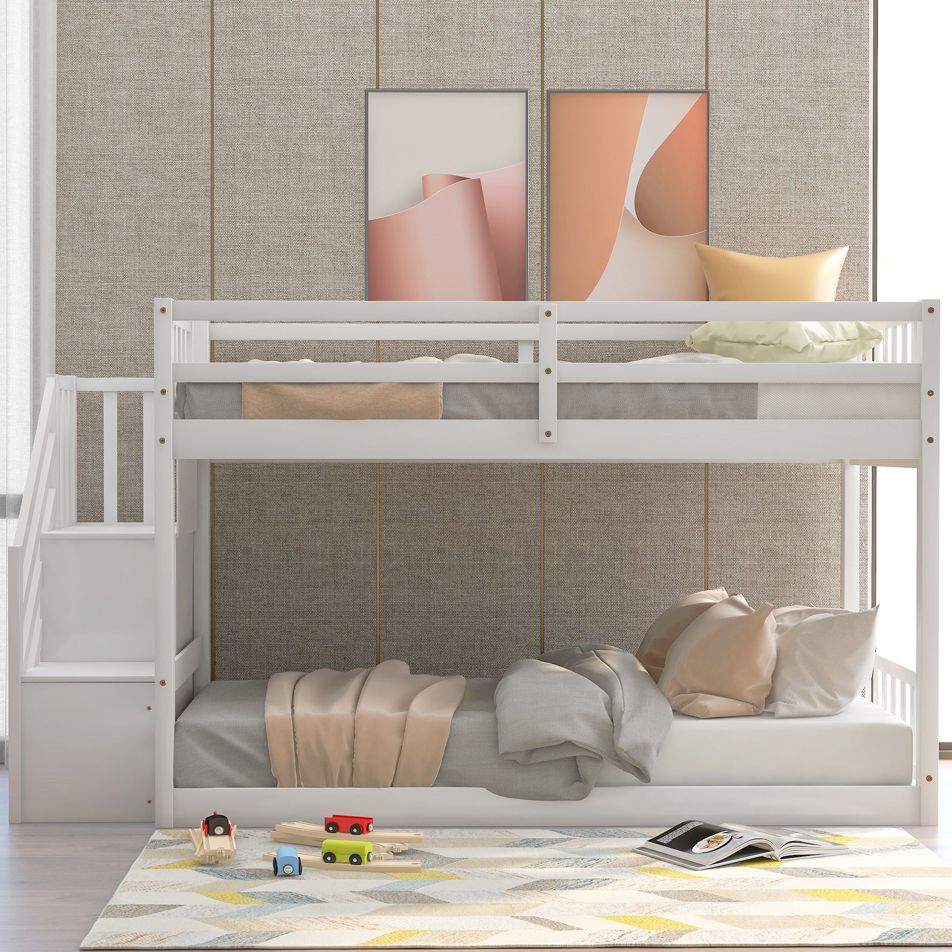 Twin over twin floor bunk bed with storage ladder in white finish by HouseOfZazla on Tampa Home & Garden Store