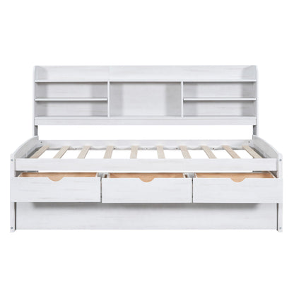 Captain Bed with built-in bookshelves in white, 3 storage drawers and trundle on Tampa Home & Garden Store