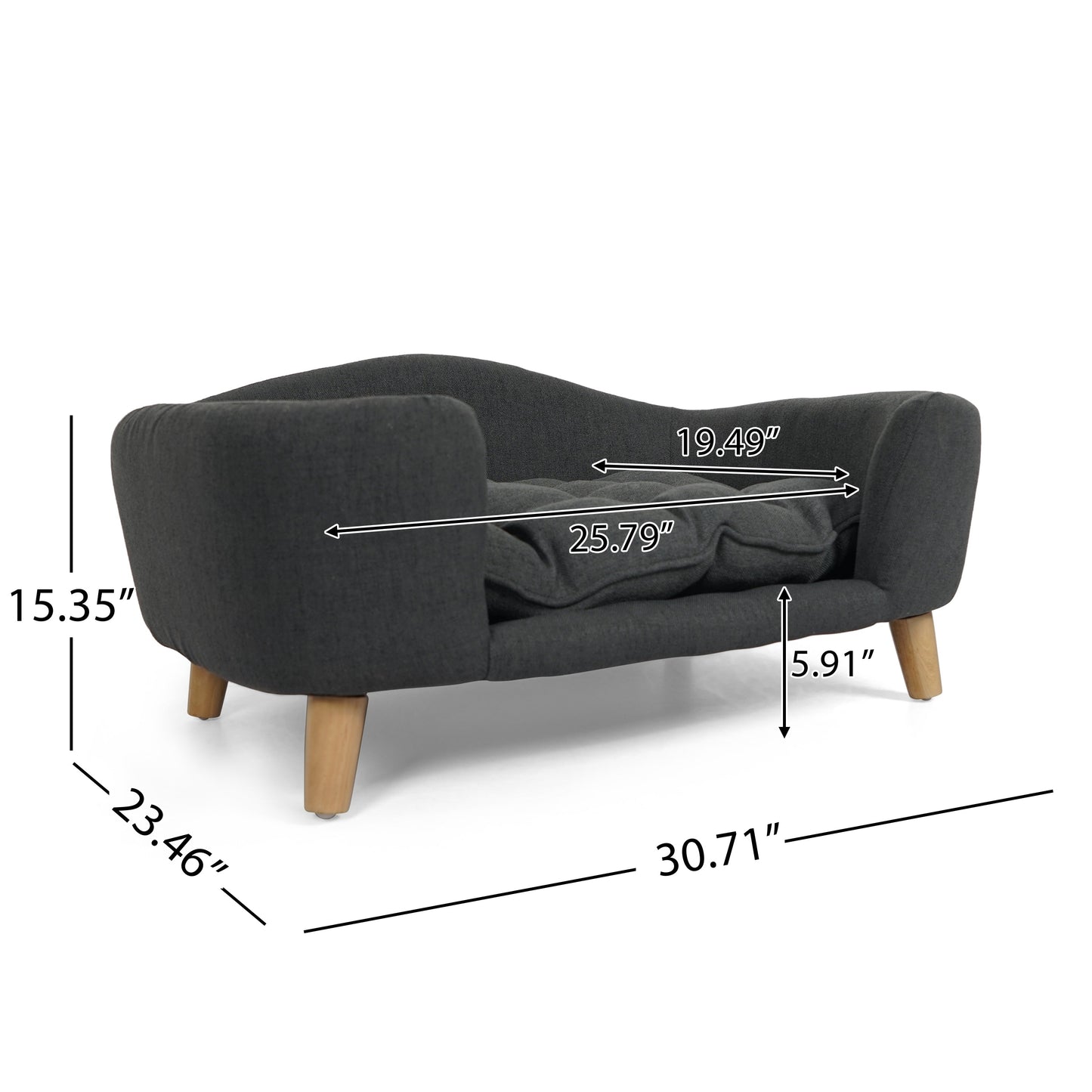 Elevated small dog bed frame with rubber wood legs in dark gray fabric on Tampa Home & Garden Store