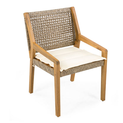 Outdoor dining chair set of 4: acacia wood frame with woven wicker back and cream cushions on Tampa Home & Garden Store