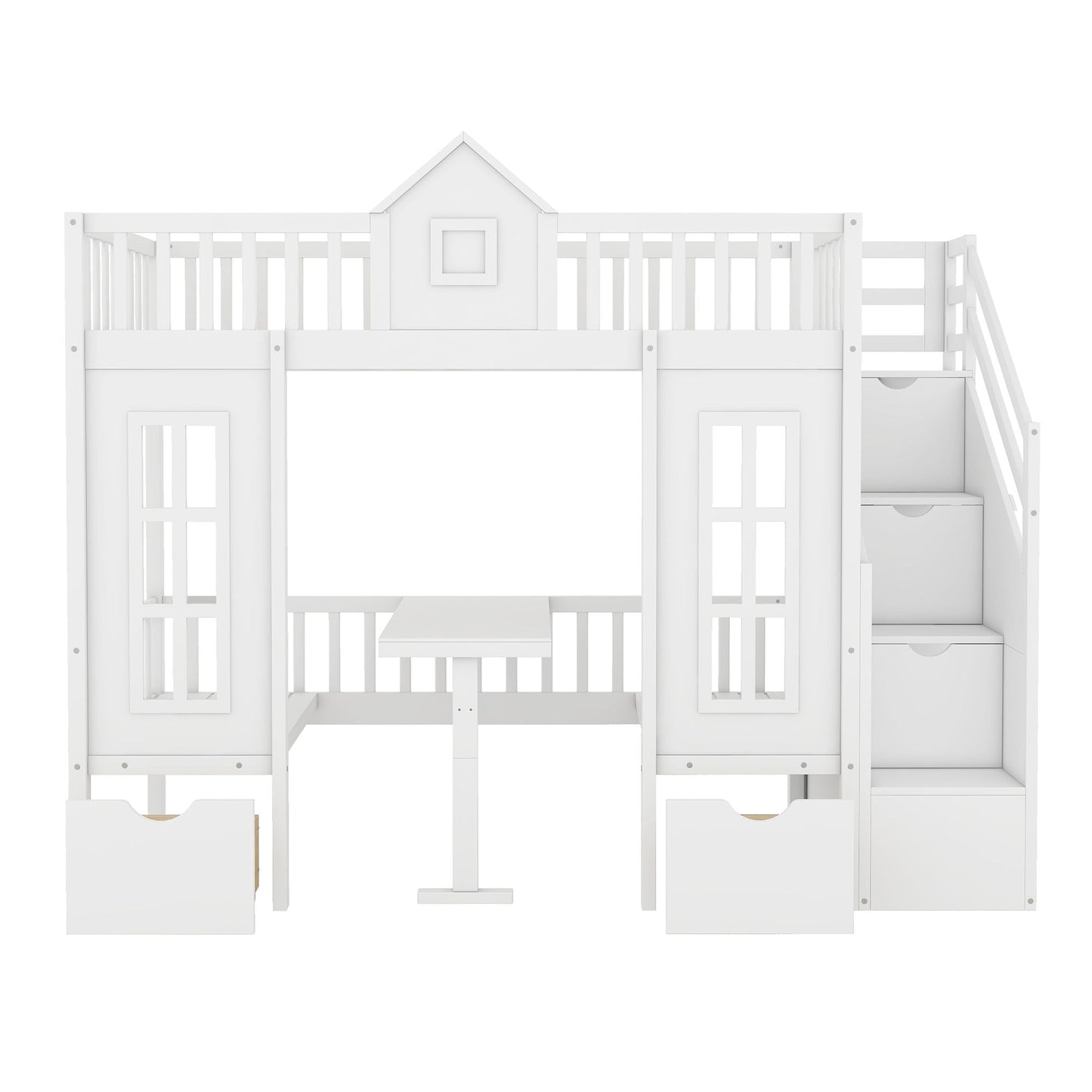 Twin over twin bunk bed with changeable table by HouseOfZazla, white finish with stairs and desk on Tampa Home & Garden Store