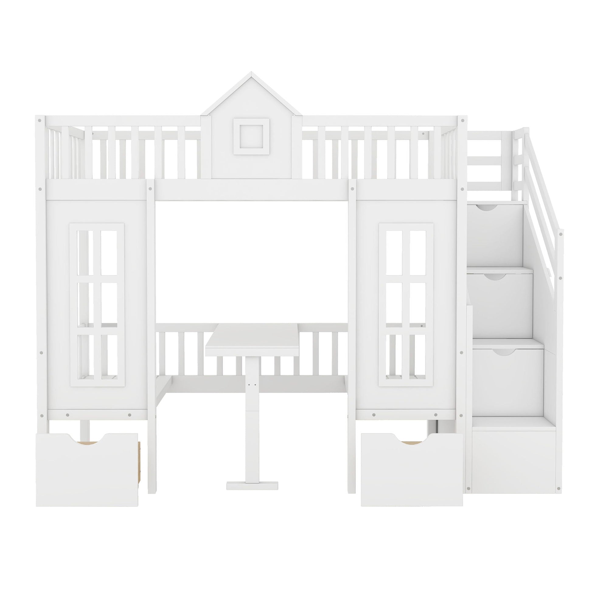Twin over twin bunk bed with changeable table by HouseOfZazla, white finish with stairs and desk on Tampa Home & Garden Store