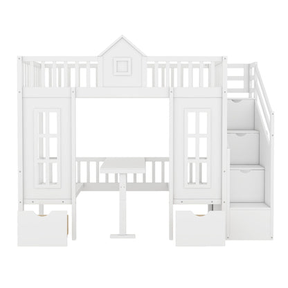 Twin over twin bunk bed with changeable table by HouseOfZazla, white finish with stairs and desk on Tampa Home & Garden Store