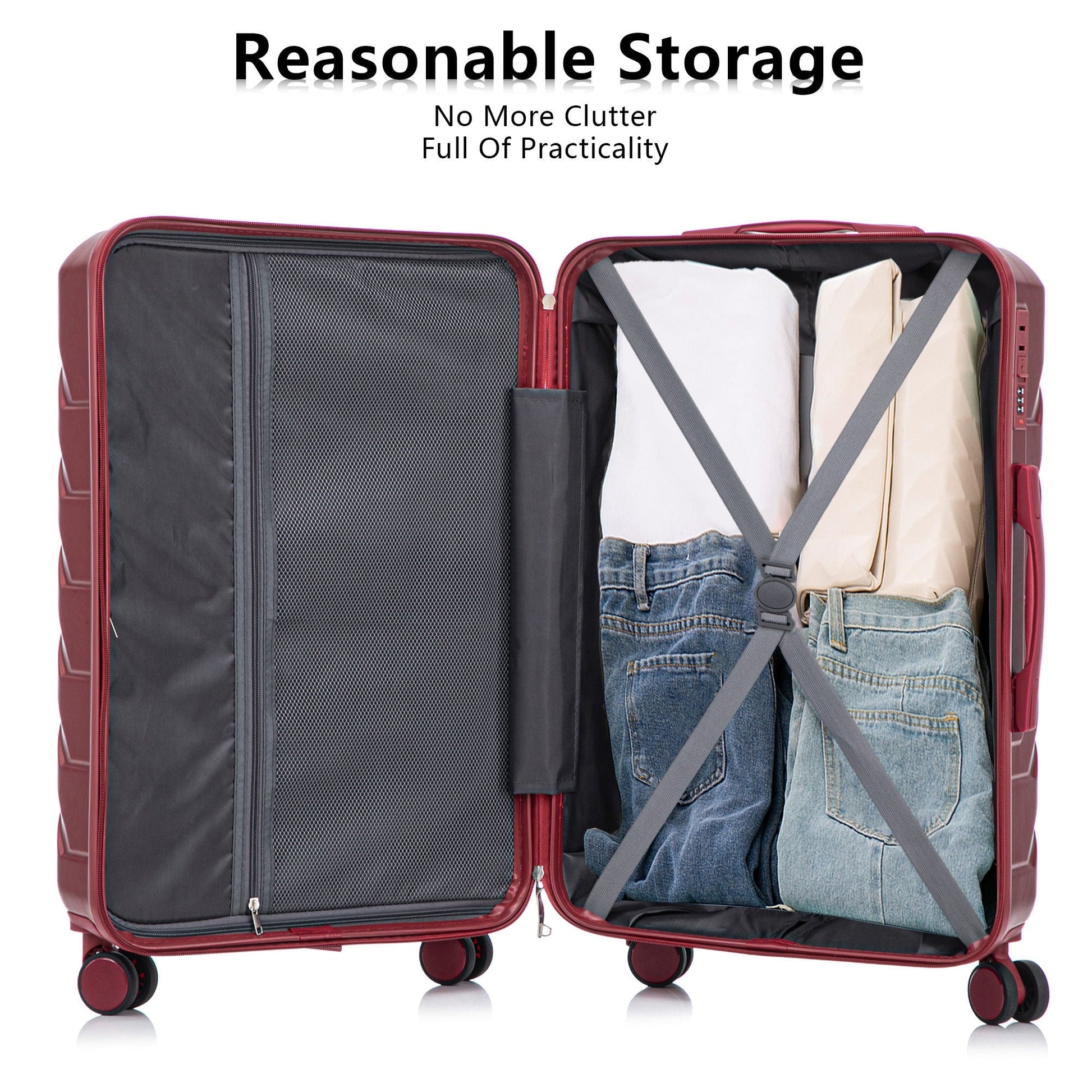 3-piece red spinner luggage set (20/24/28) by HouseOfZazla with combo lock and clothes inside on Tampa Home & Garden Store