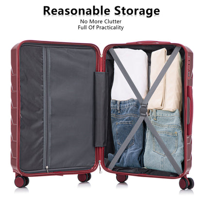3-piece red spinner luggage set (20/24/28) by HouseOfZazla with combo lock and clothes inside on Tampa Home & Garden Store