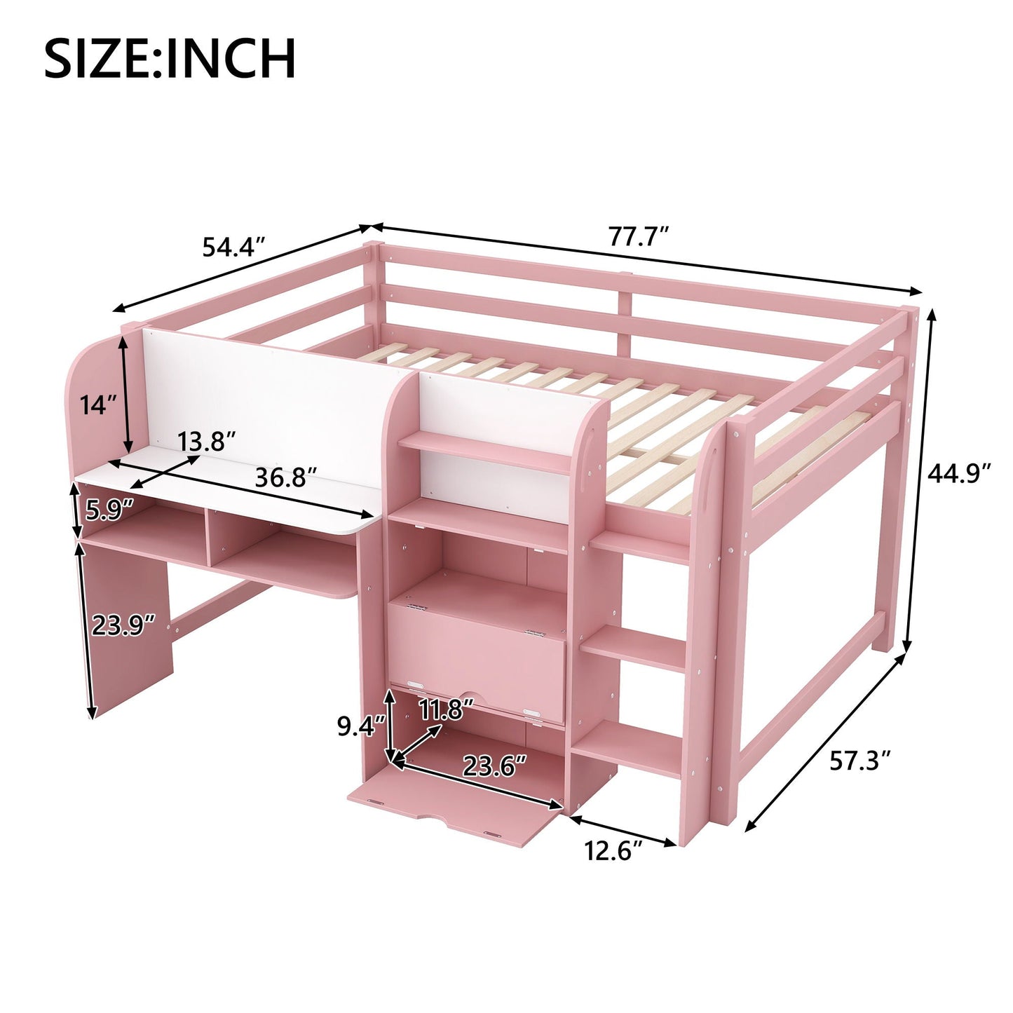 Low loft bed with built-in desk, open bookcase and doodle board in pink by HouseOfZazla on Tampa Home & Garden Store