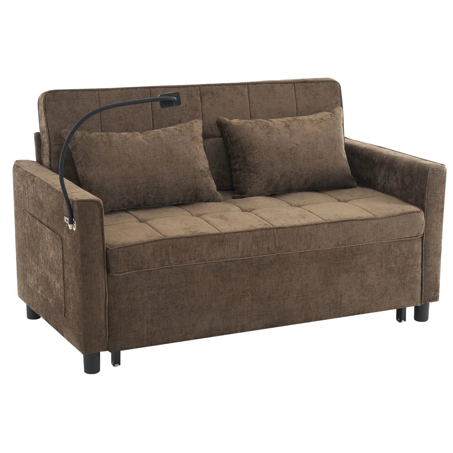 Pull-out sleeper sofa in brown textured fabric with tufted cushions and black metal legs on Tampa Home & Garden Store