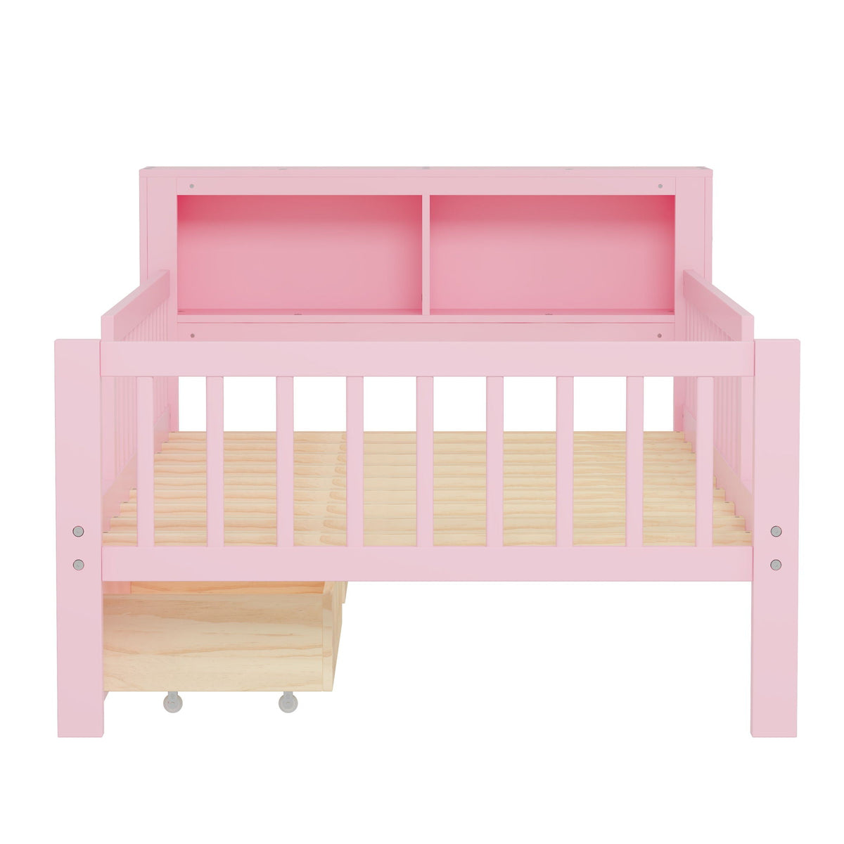 Pink storage bed with headboard rack and 2 under-bed drawers, 3 side guardrails on Tampa Home & Garden Store