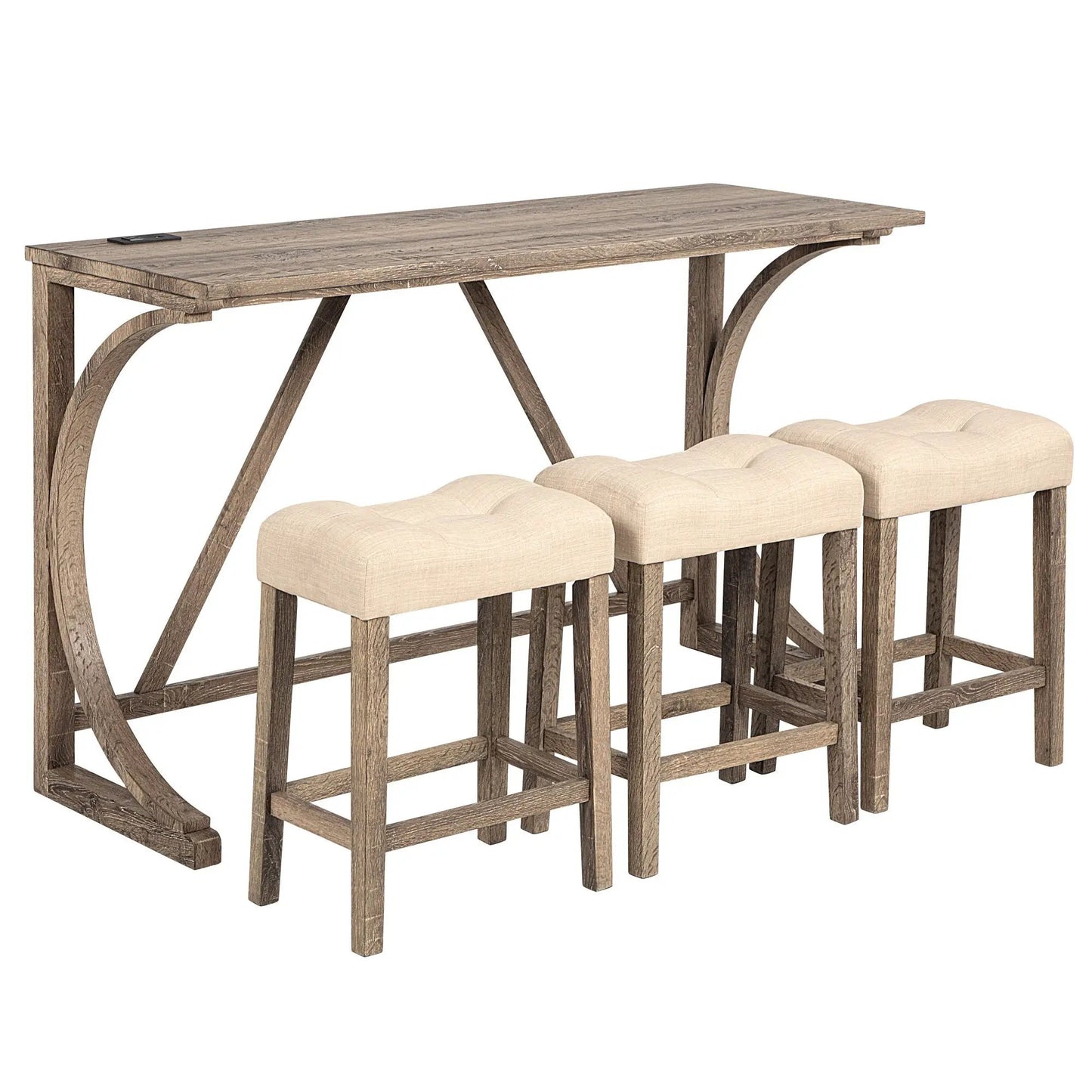 Bar Table Set With 3 Padded Stools in brown wood with beige seats 4pc dining set on Tampa Home & Garden Store