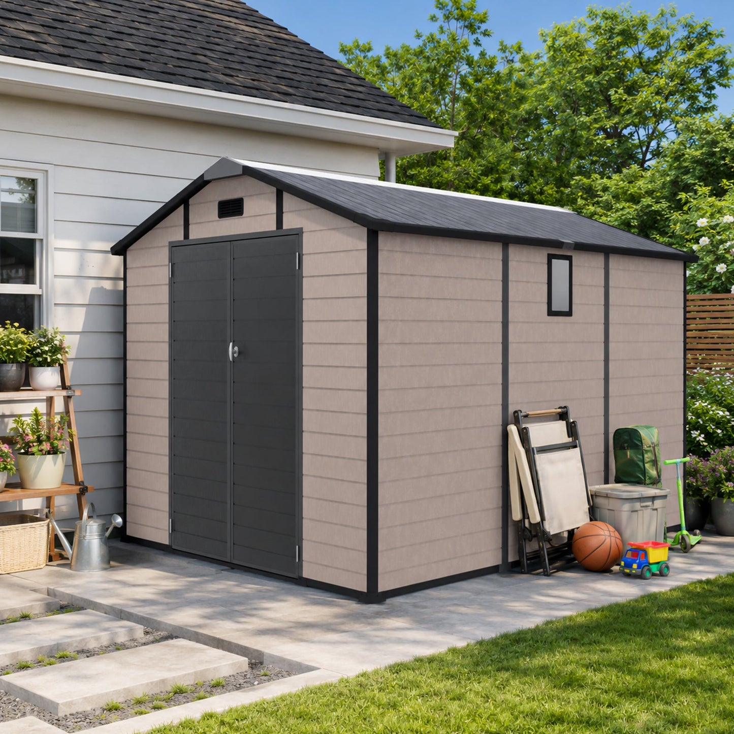 8x10 ft plastic storage shed beige with black trim lockable double doors HouseOfZazla on Tampa Home & Garden Store