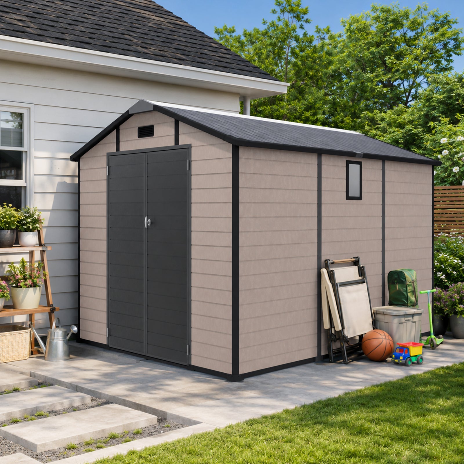 8x10 ft plastic storage shed beige with black trim lockable double doors HouseOfZazla on Tampa Home & Garden Store
