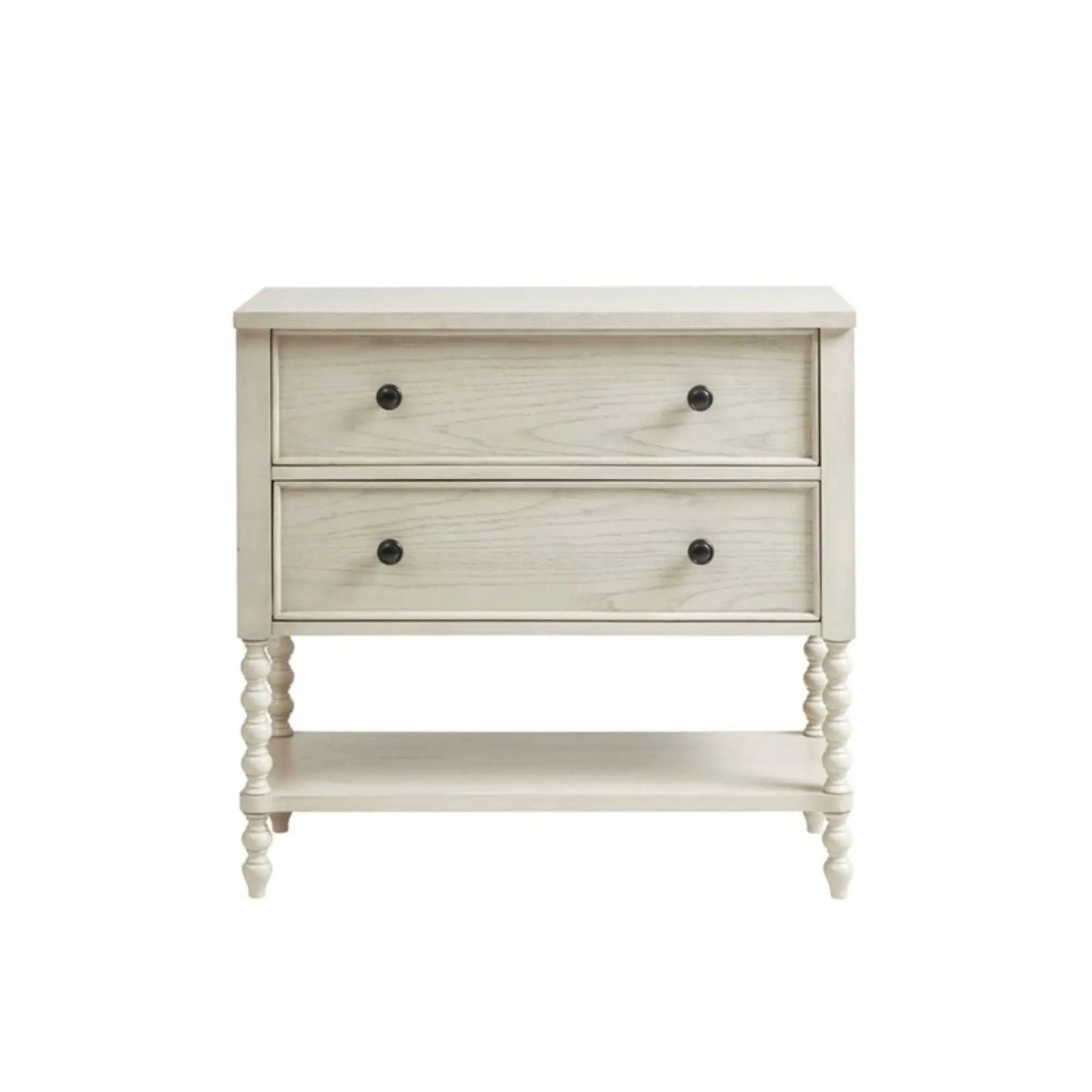 Signature Beckett 2-Drawer Accent Chest in whitewashed wood with black knob pulls and turned legs on Tampa Home & Garden Store