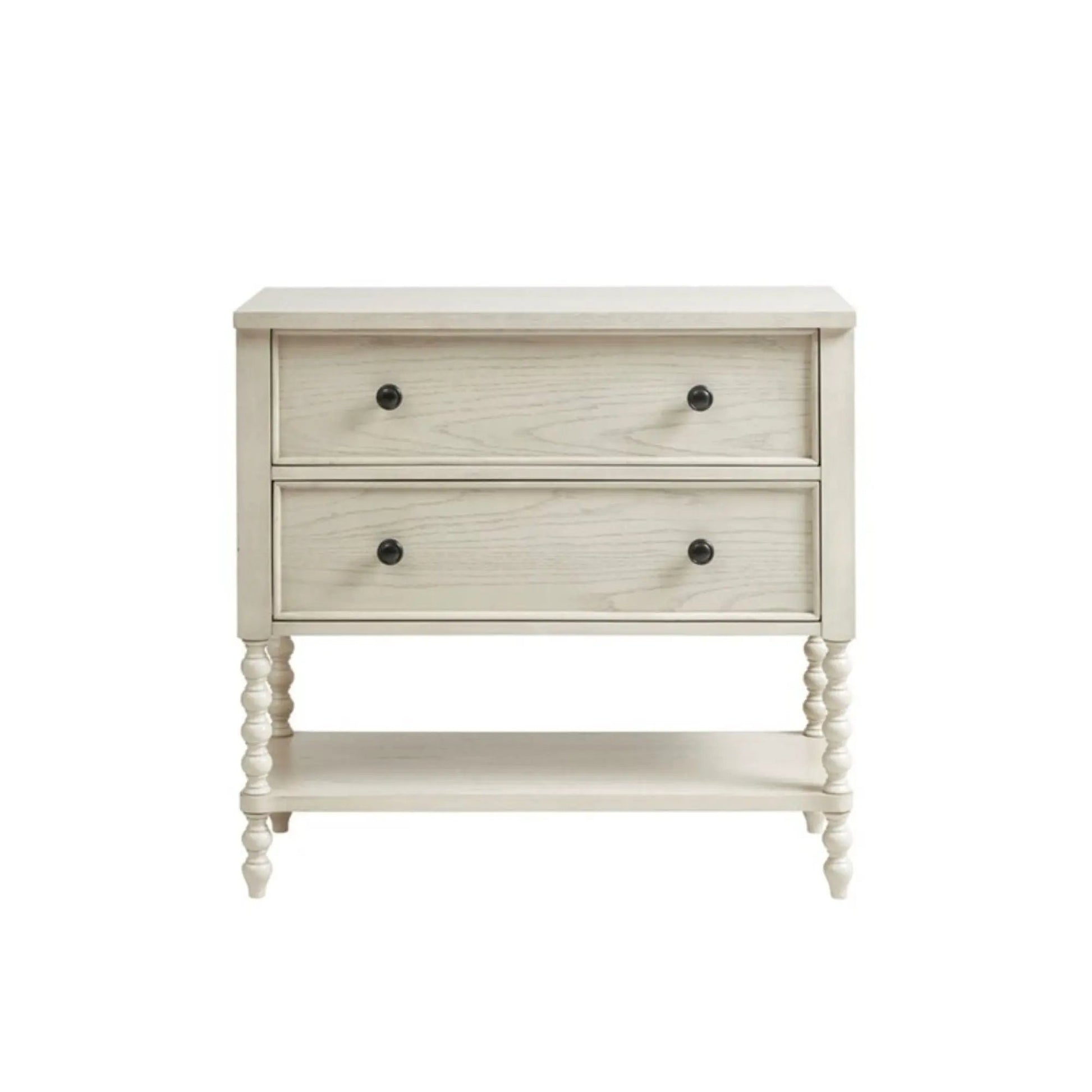 Signature Beckett 2-Drawer Accent Chest in whitewashed wood with black knob pulls and turned legs on Tampa Home & Garden Store