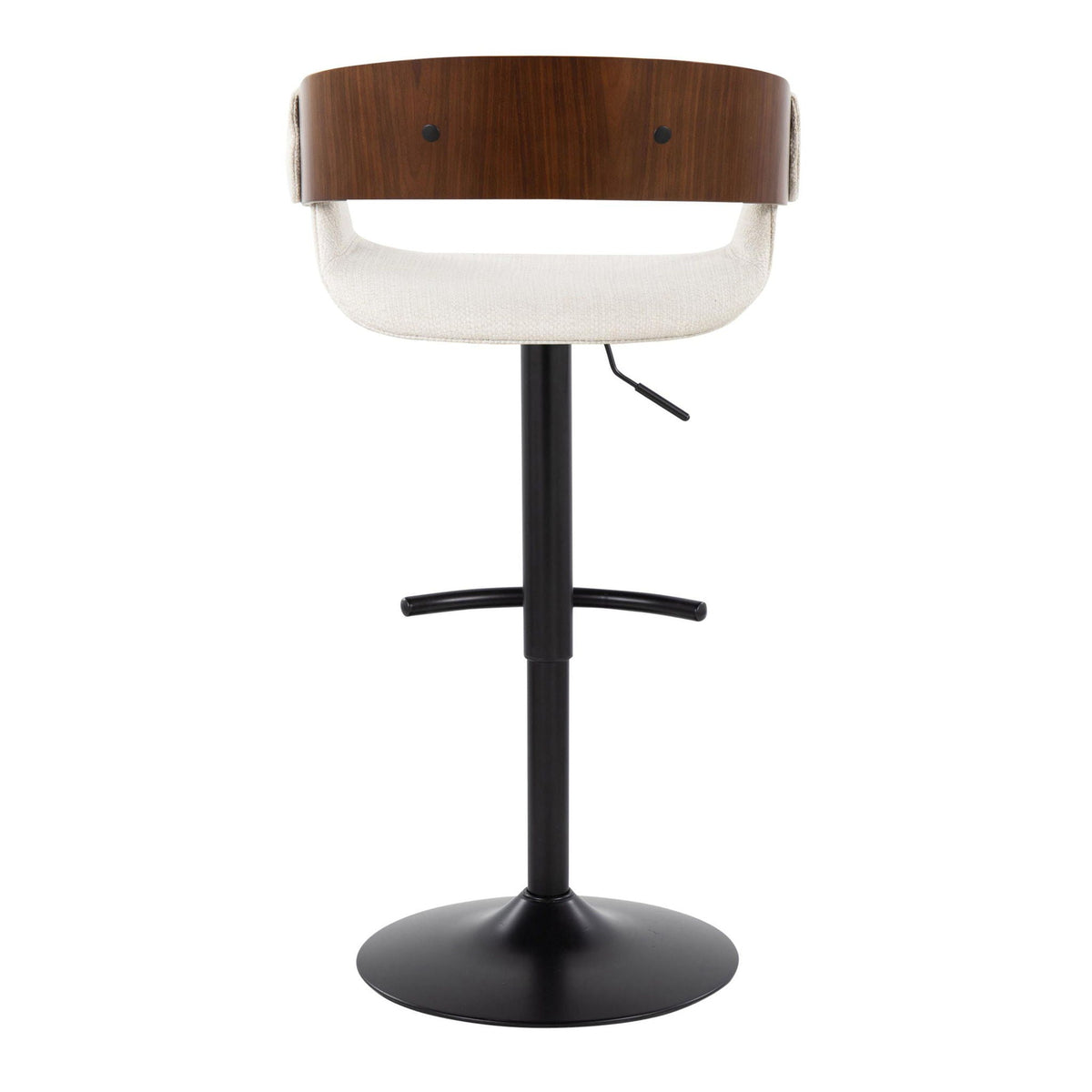 Mid-Century adjustable barstool with swivel, beige fabric seat and wood back black pedestal base on Tampa Home & Garden Store