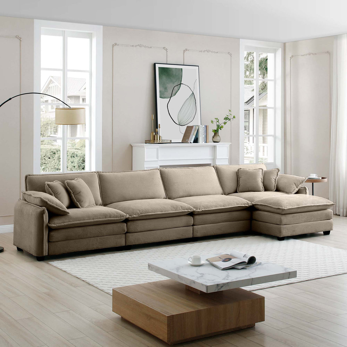 Modern Corduroy Upholstered 4-Seater Sofa with Footstool in taupe by HouseOfZazla on Tampa Home & Garden Store