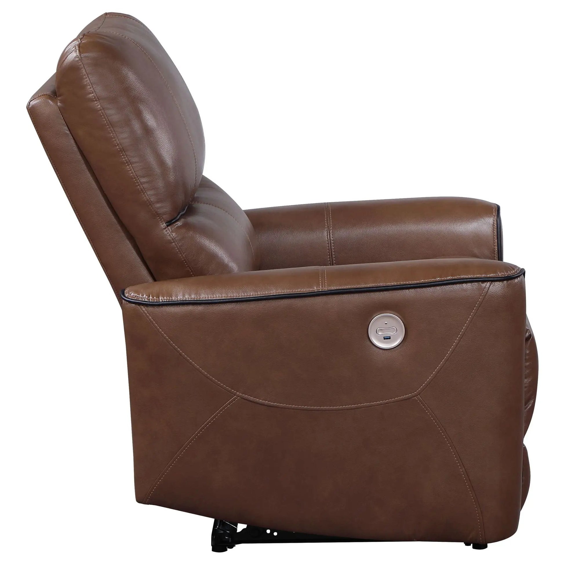 Power recliner chair in brown leather with USB charging and smooth button recline on Tampa Home & Garden Store