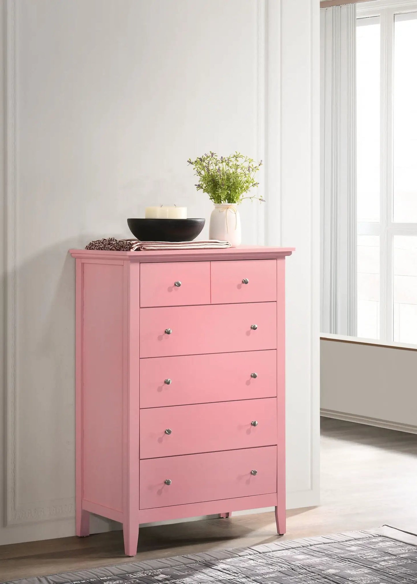 Hammond accent chest pink with silver knobs, top decor includes a candle bowl and greenery vase on Tampa Home & Garden Store