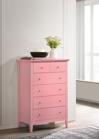 Pink accent chest of drawers with nickel hardware on Tampa Home & Garden Store