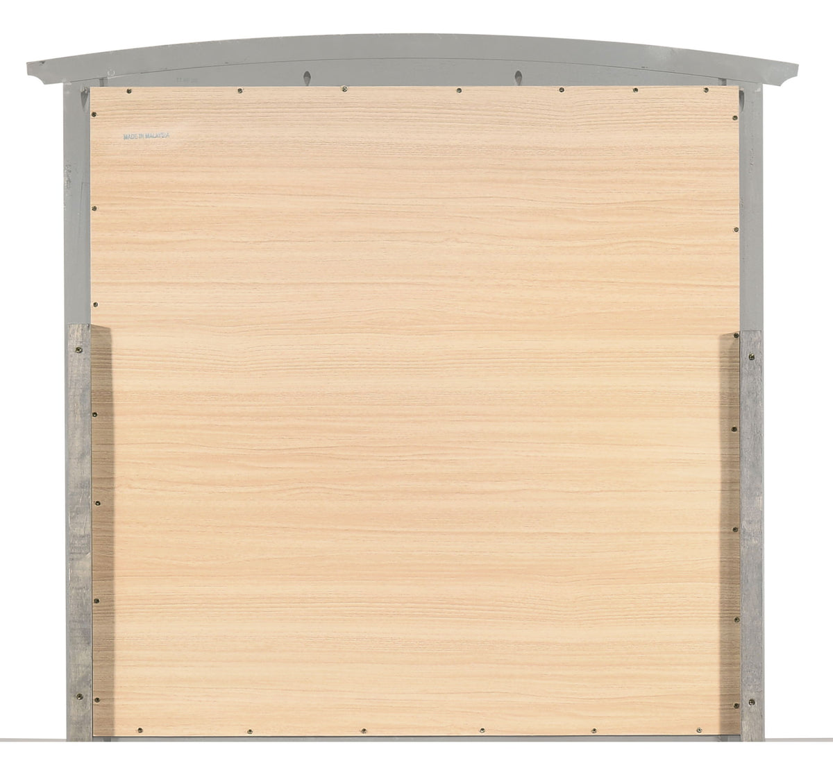 Elegant modern farmhouse wall mirror with gray curved top frame and natural wood backing on Tampa Home & Garden Store