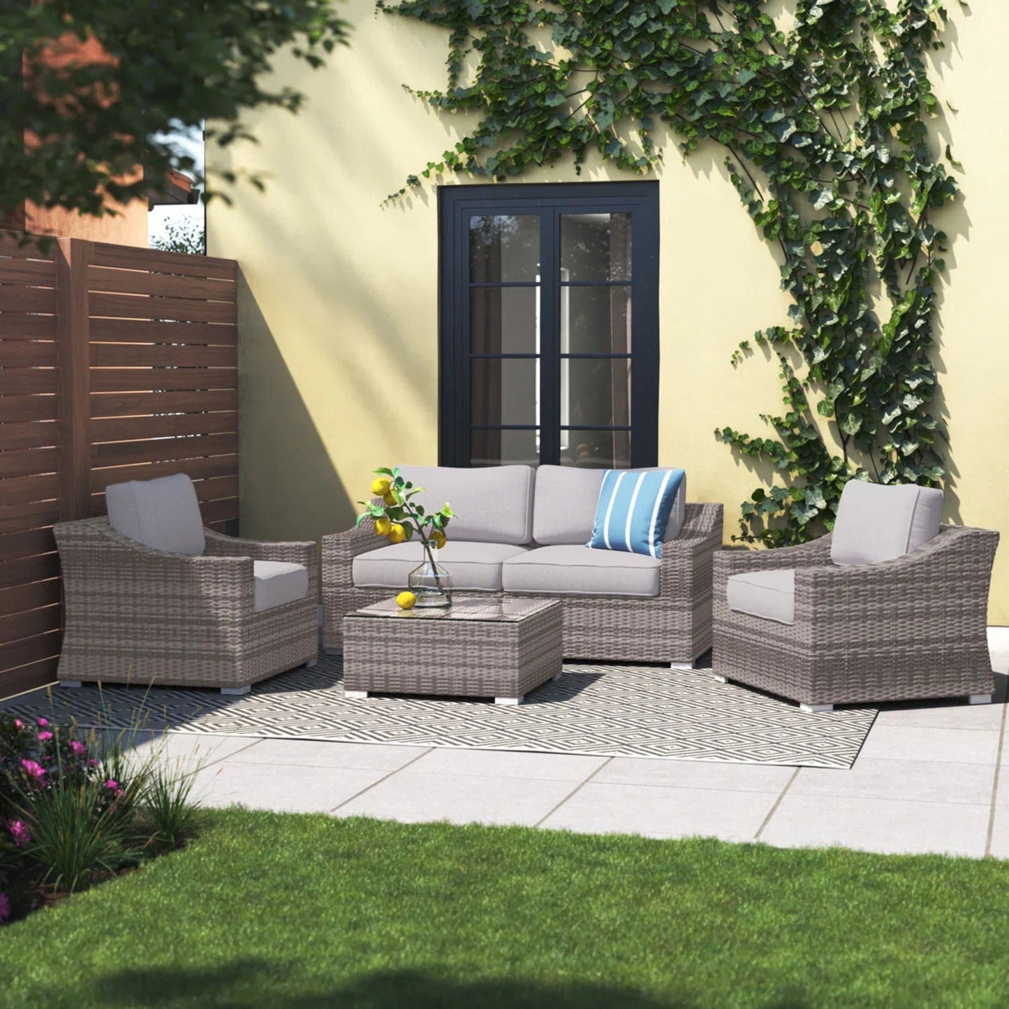 Outdoor Wicker Set With Glass Table And Cushions