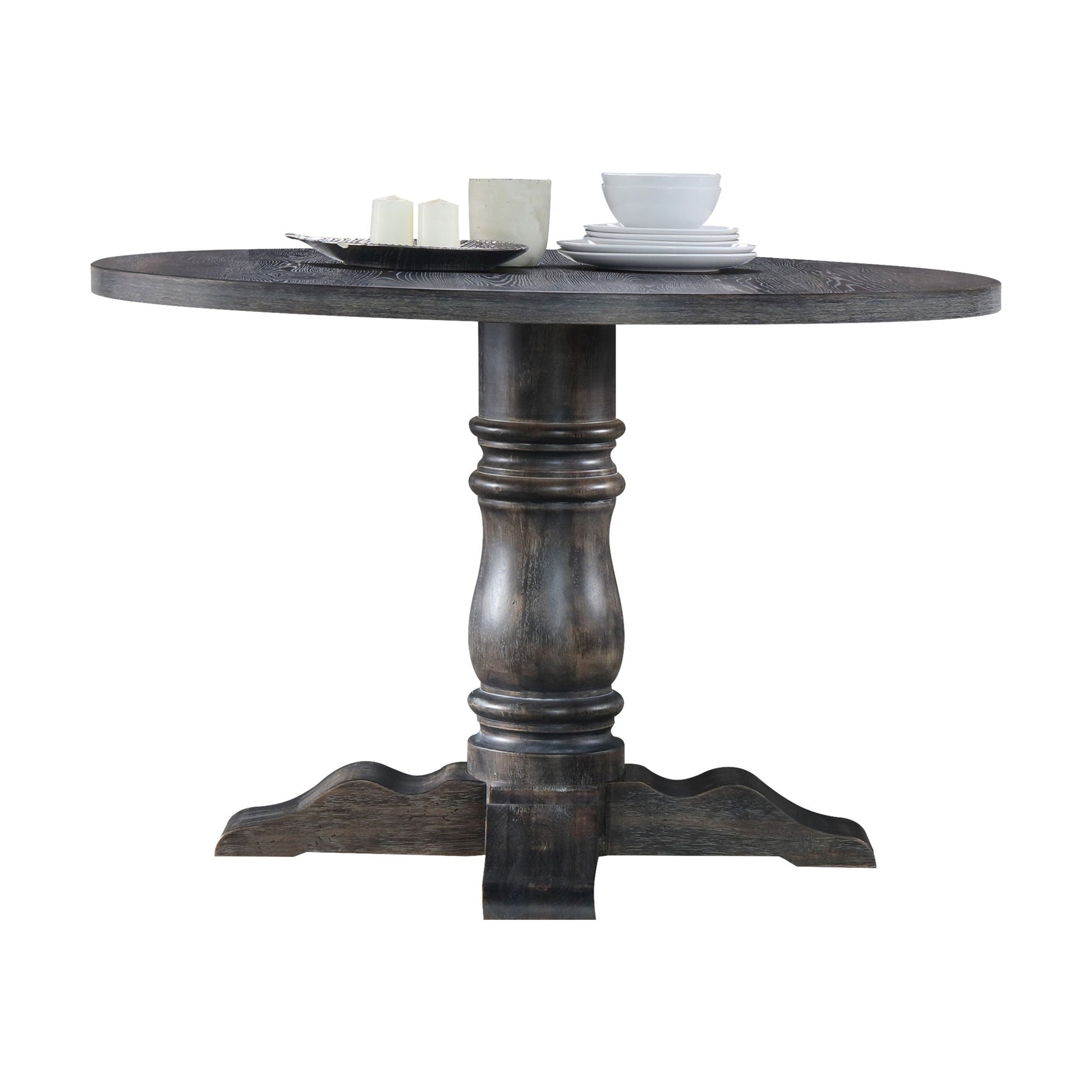 Leventis Weathered Gray Dining Table, round pedestal, HouseOfZazla on Tampa Home & Garden Store