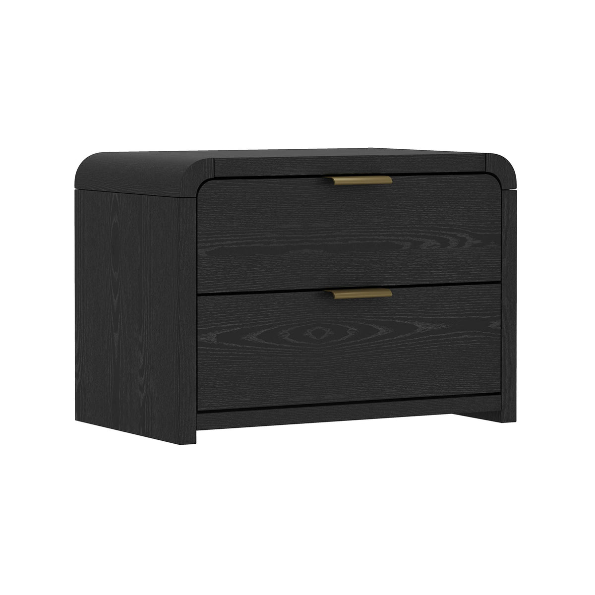 Modern minimalist solid wood nightstand with two drawers, black finish, gold pulls on Tampa Home & Garden Store