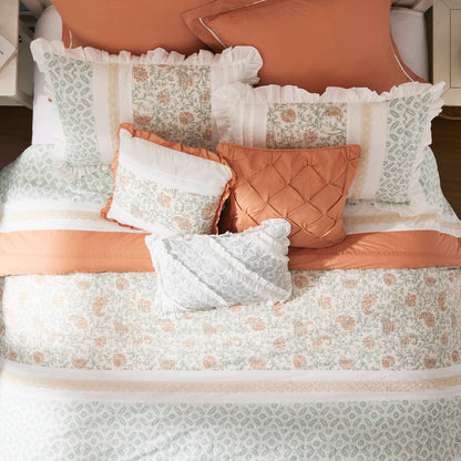 9 Piece Coral Queen Cotton Percale Comforter Set with white ruffle edges and teal floral panels on Tampa Home & Garden Store