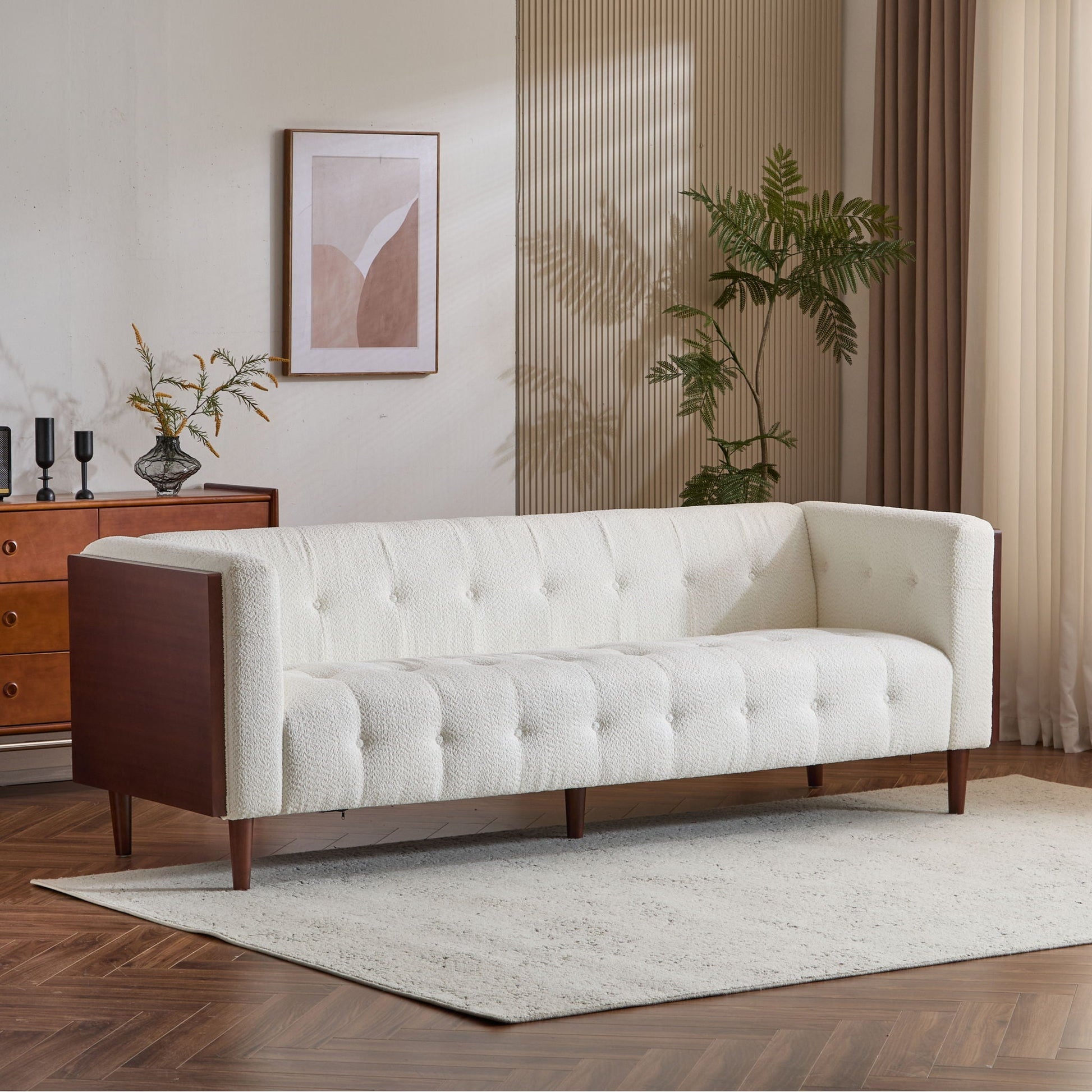 Contemporary 3 Seater Sofa with tufted white fabric and wooden legs in a stylish space on Tampa Home & Garden Store