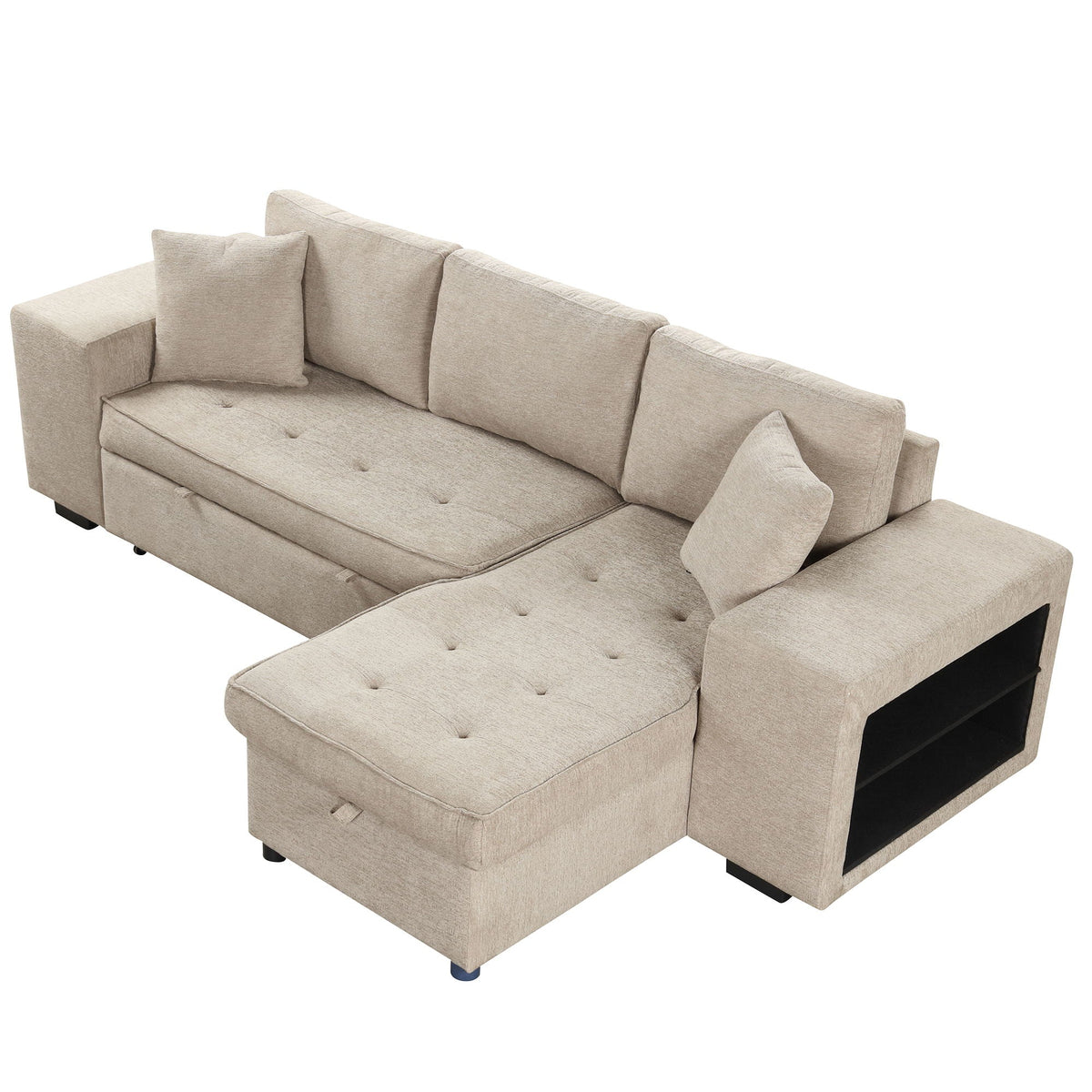 L-shaped beige sleeper sectional with storage chaise and 2 ottomans HouseOfZazla on Tampa Home & Garden Store