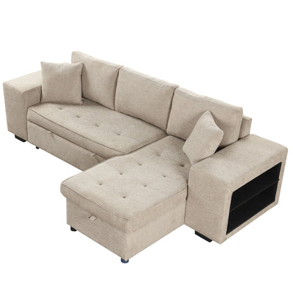 L-shaped beige sleeper sectional with storage chaise and 2 ottomans HouseOfZazla on Tampa Home & Garden Store