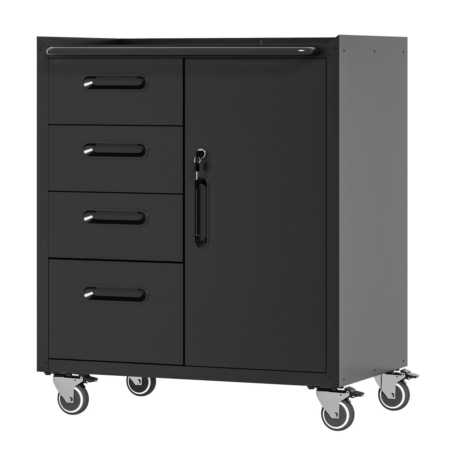 Sturdy black metal tool storage cabinet on wheels with multiple drawers and a lockable door on Tampa Home & Garden Store