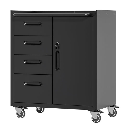 Sturdy black metal tool storage cabinet on wheels with multiple drawers and a lockable door on Tampa Home & Garden Store