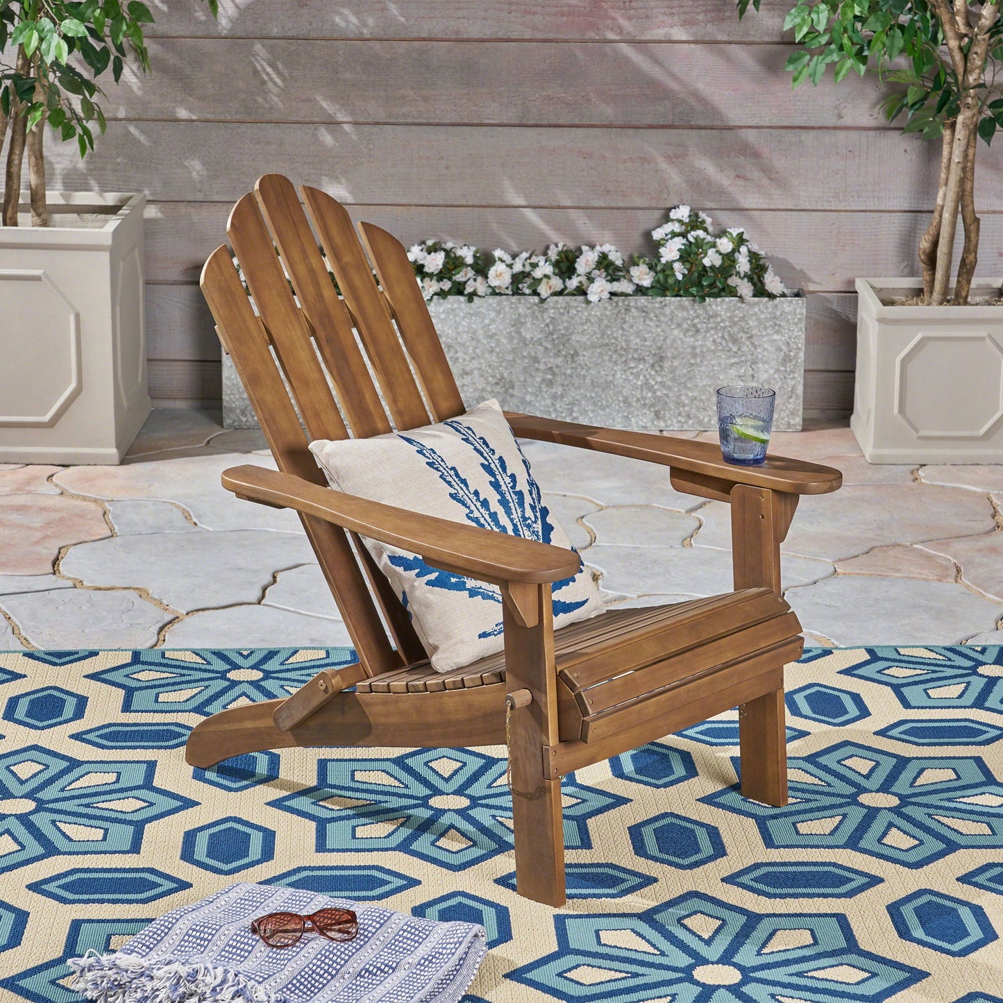 Aurascape Outdoor Acacia Wood Foldable Adirondack Chair with blue cushion on Tampa Home & Garden Store