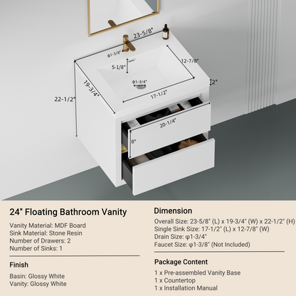 24in Wall-Mounted Bathroom Vanity with Sink and Storage Cabinet HouseOfZazla, brass faucet on Tampa Home & Garden Store