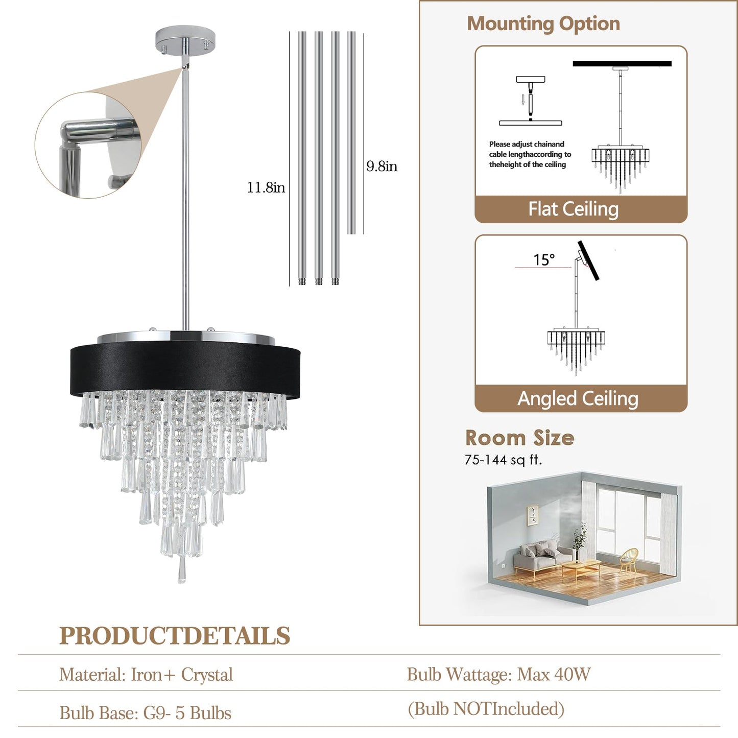 18-inch Modern Crystal Chandelier with Black Velvet Shade by HouseOfZazla on Tampa Home & Garden Store