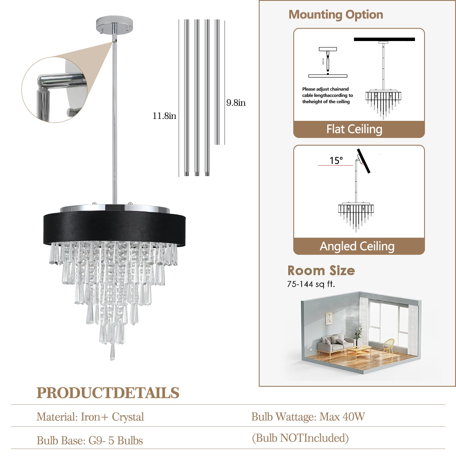 18-inch Modern Crystal Chandelier with Black Velvet Shade by HouseOfZazla on Tampa Home & Garden Store
