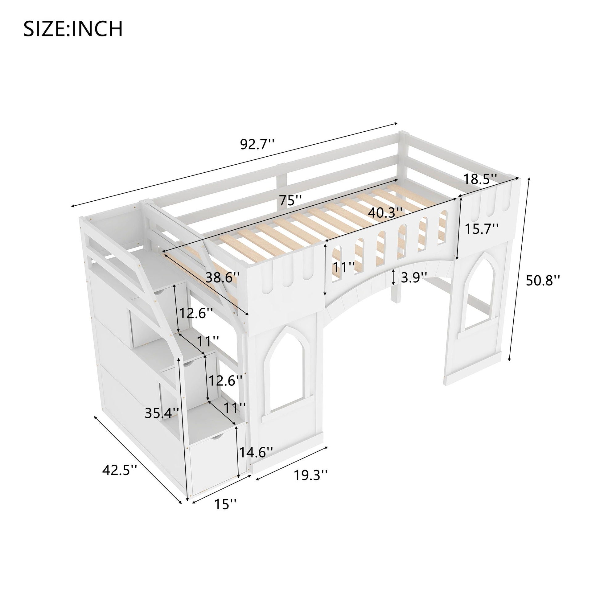 White loft bed with storage staircase, windowed panels and built-in drawers by HouseOfZazla on Tampa Home & Garden Store