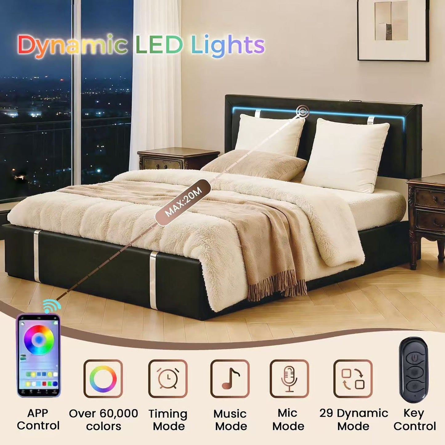 Upholstered Bed with Led Headboard and Storage