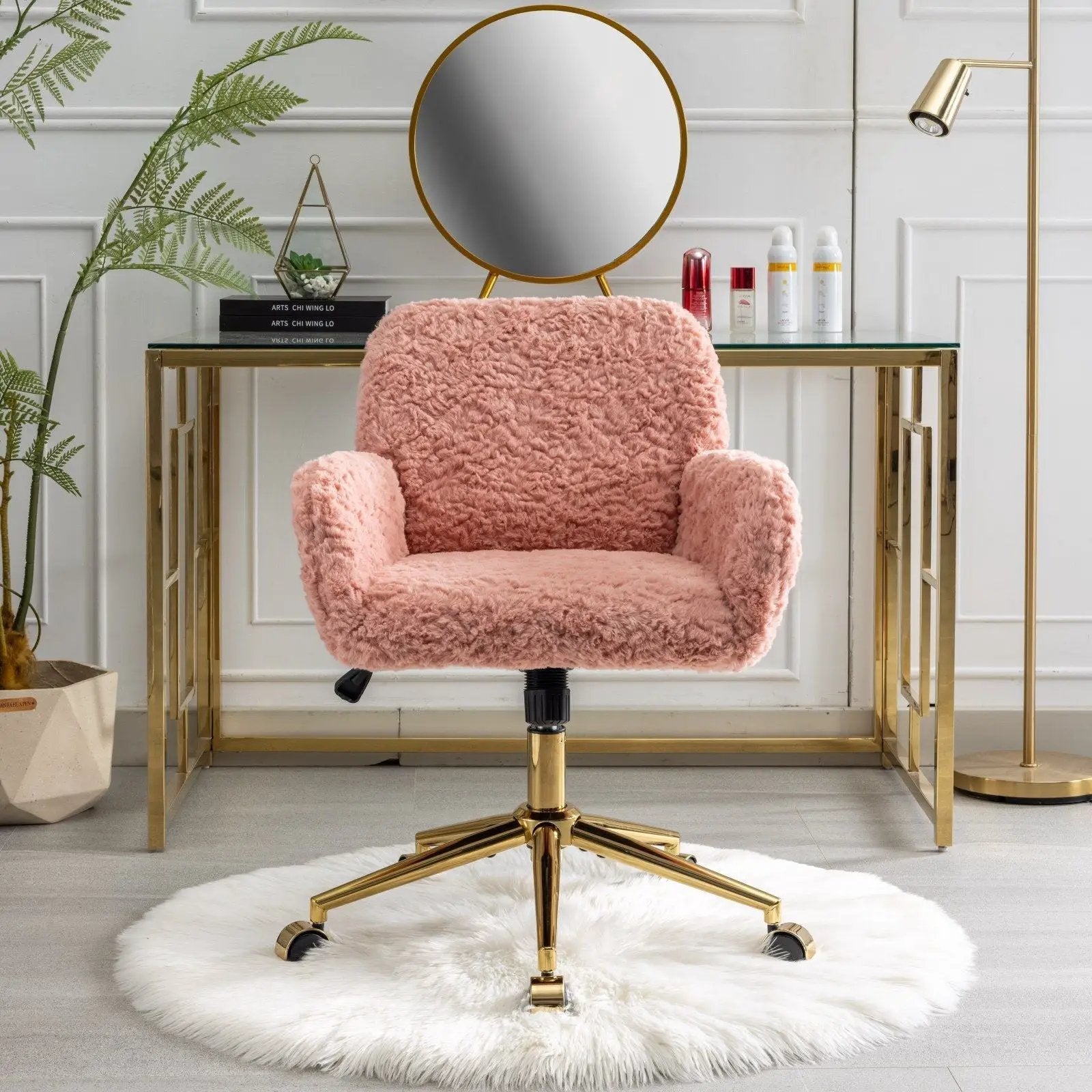 Office chair with pink rabbit hair upholstery and gold metal swivel base on Tampa Home & Garden Store