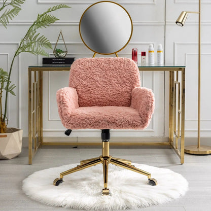 Office chair with pink rabbit hair upholstery and gold metal swivel base on Tampa Home & Garden Store