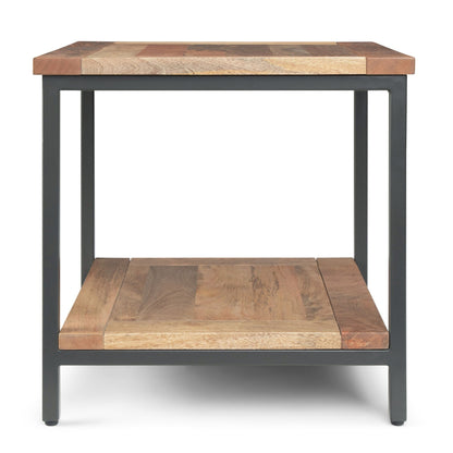 Coffee table mango wood with light brown patchwork top and shelf on a dark gray metal frame on Tampa Home & Garden Store