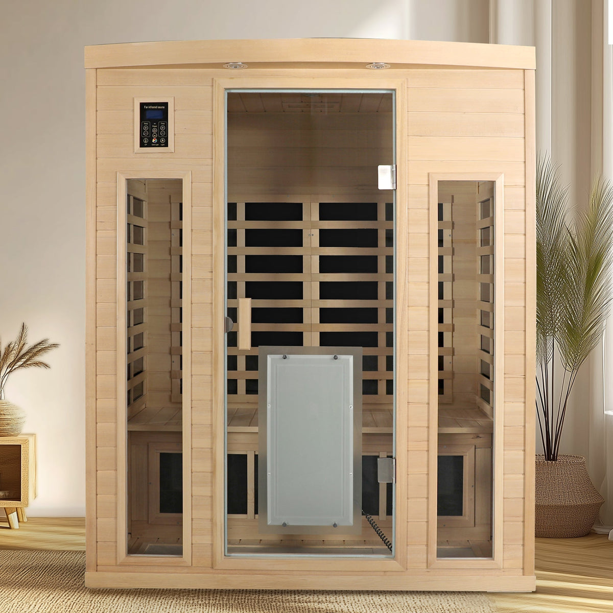 Low EMF three-person infrared sauna in Hemlock wood with glass door and interior benches on Tampa Home & Garden Store