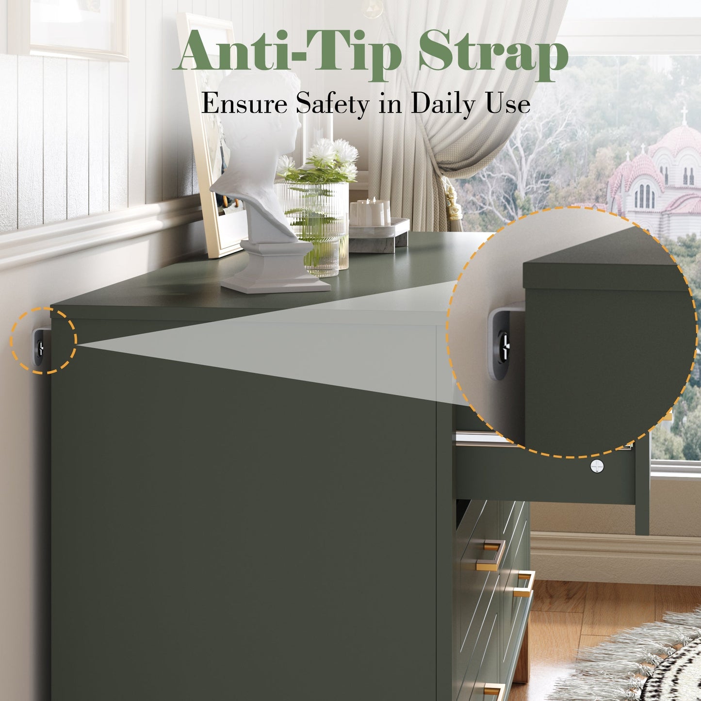 6-Drawer Double Dresser in Olive by HouseOfZazla with gold-tone handles on Tampa Home & Garden Store