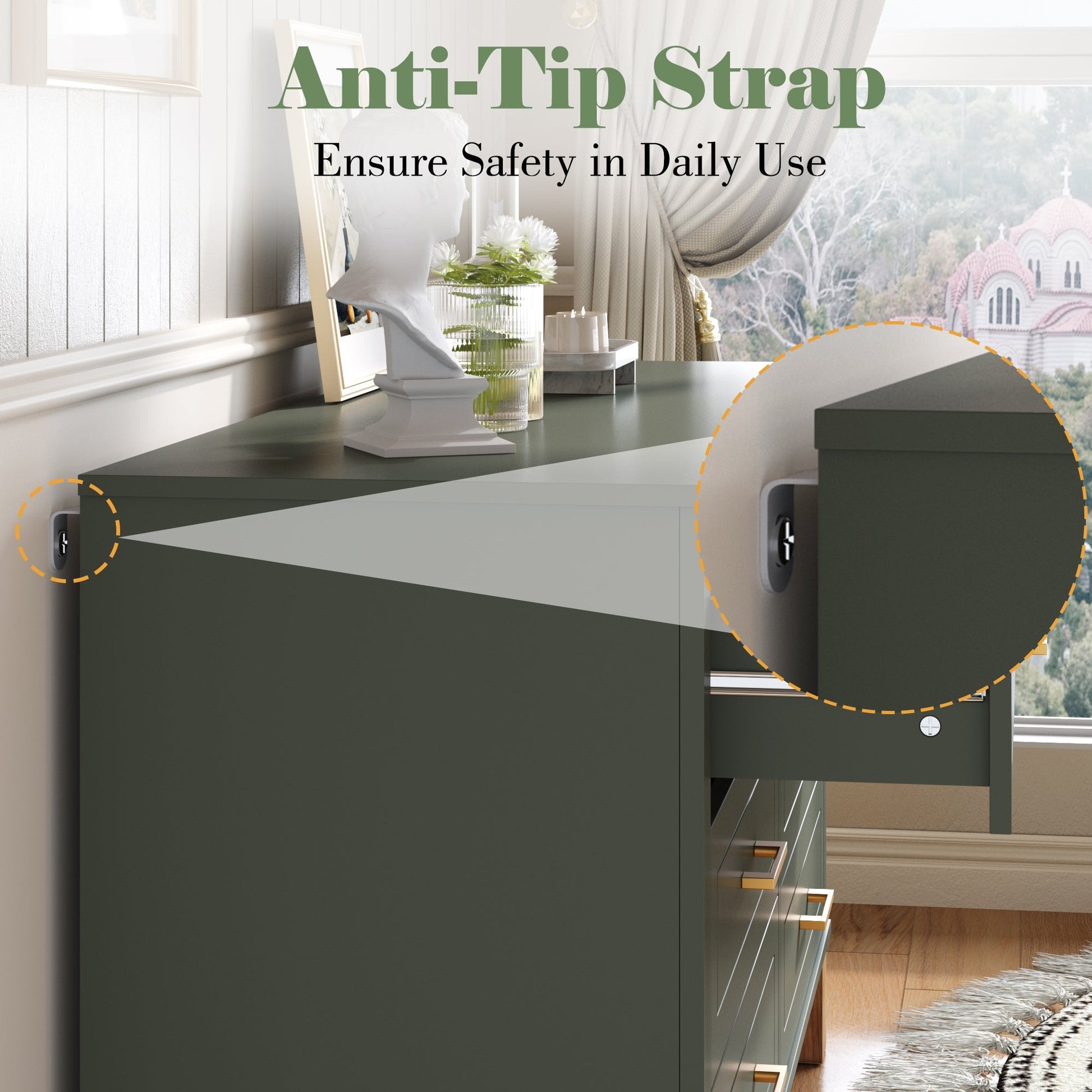 6-Drawer Double Dresser in Olive by HouseOfZazla with gold-tone handles on Tampa Home & Garden Store