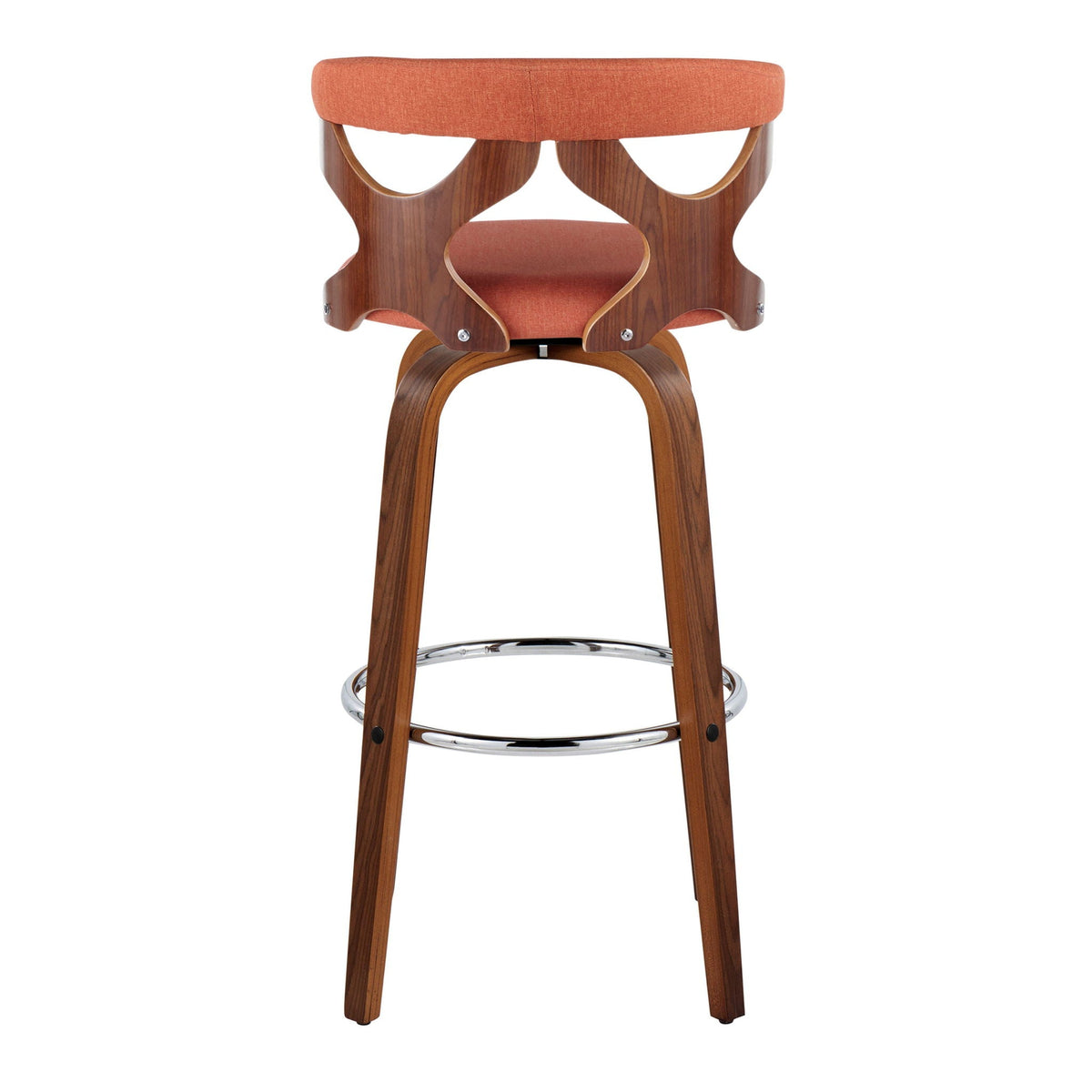 Mid Century Modern swivel barstool with orange padded upholstery and curved wood frame on Tampa Home & Garden Store