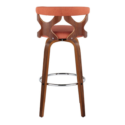 Mid Century Modern swivel barstool with orange padded upholstery and curved wood frame on Tampa Home & Garden Store