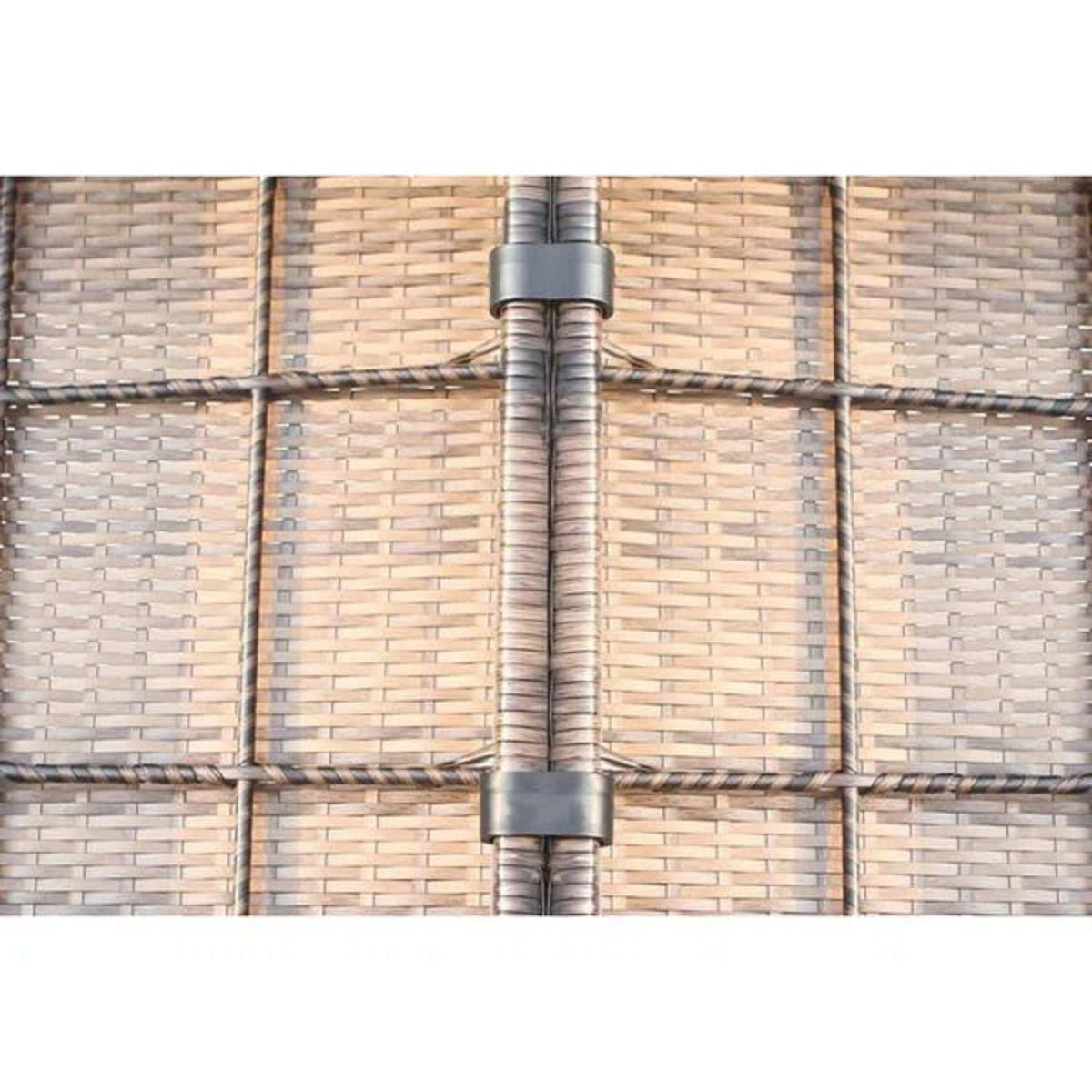 2 piece outdoor rattan sectional set closeup of brown wicker weave and metal joint clamps on Tampa Home & Garden Store