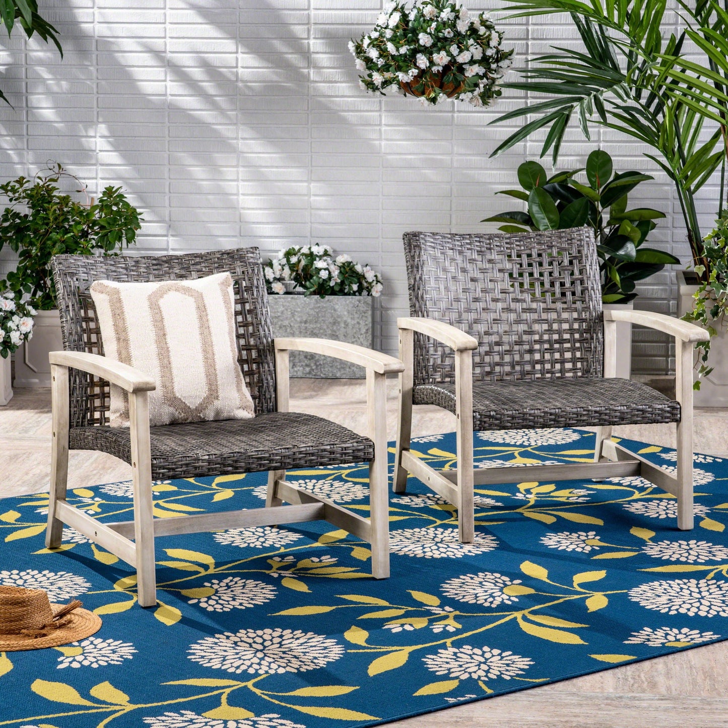 Outdoor Club Chair in Gray with Rattan and Acacia