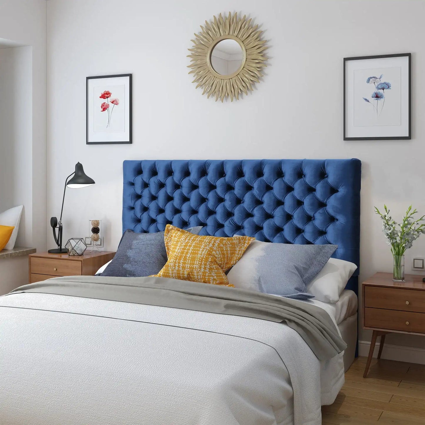 Annecy Contemporary Upholstered Headboard in blue velvet tufted by HouseOfZazla on Tampa Home & Garden Store